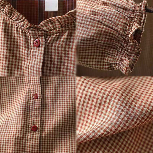 Buddha Stones Fall Tiny Plaid Button Down Ruffle Collar Long Sleeve Women's Cotton Shirt - image 12