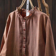 Buddha Stones Fall Tiny Plaid Button Down Ruffle Collar Long Sleeve Women's Cotton Shirt - image 3
