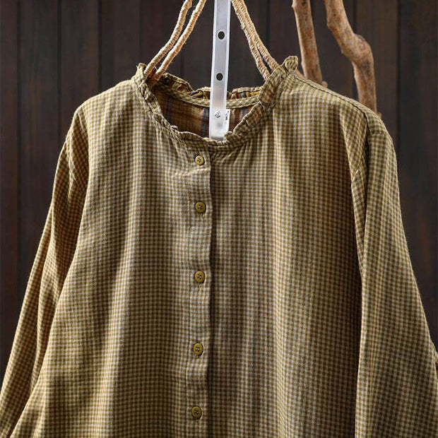 Buddha Stones Fall Tiny Plaid Button Down Ruffle Collar Long Sleeve Women's Cotton Shirt - image 14