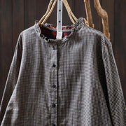 Buddha Stones Fall Tiny Plaid Button Down Ruffle Collar Long Sleeve Women's Cotton Shirt - image 16