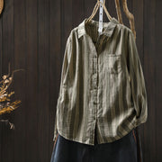 Buddha Stones Fall Vertical Stripes Button Down Stand Collar Long Sleeve Women's Cotton Shirt - DarkSeaGreen - US6，UK/AU10，EU38 (L) - image 25