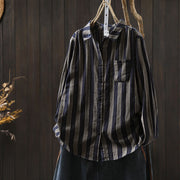 Buddha Stones Fall Vertical Stripes Button Down Stand Collar Long Sleeve Women's Cotton Shirt - LightSlateGray - US6，UK/AU10，EU38 (L) - image 27