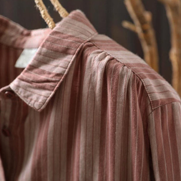 Buddha Stones Fall Vertical Stripes Button Down Stand Collar Long Sleeve Women's Cotton Shirt - image 17