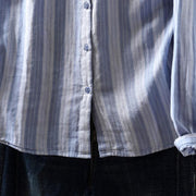 Buddha Stones Fall Vertical Stripes Button Down Stand Collar Long Sleeve Women's Cotton Shirt - image 8