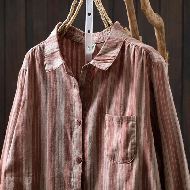 Buddha Stones Fall Vertical Stripes Button Down Stand Collar Long Sleeve Women's Cotton Shirt - image 15