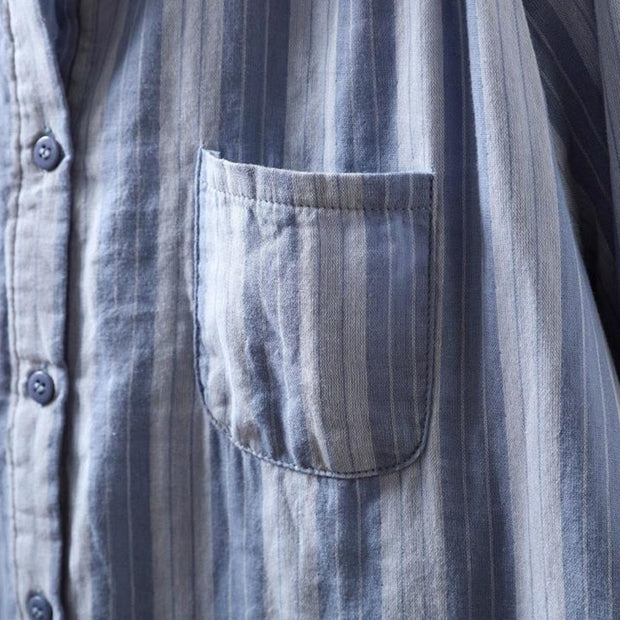 Buddha Stones Fall Vertical Stripes Button Down Stand Collar Long Sleeve Women's Cotton Shirt - image 6