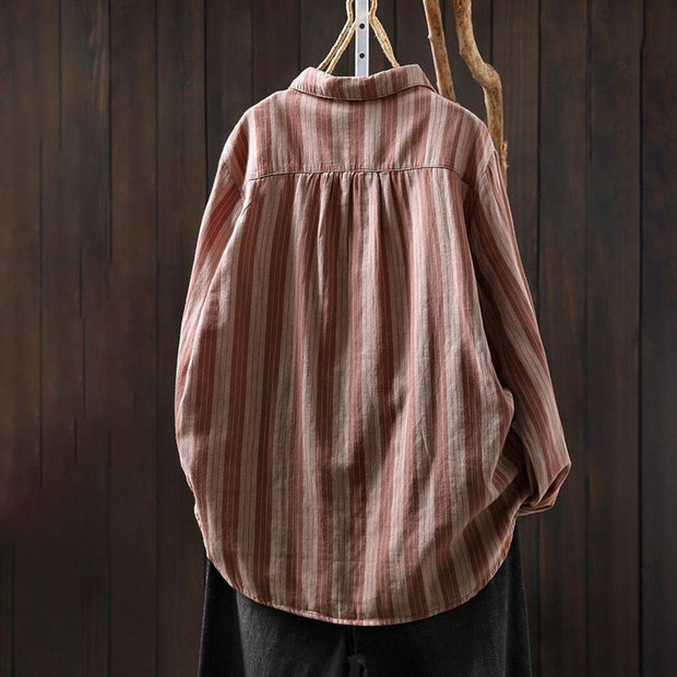 Buddha Stones Fall Vertical Stripes Button Down Stand Collar Long Sleeve Women's Cotton Shirt - image 14