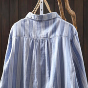 Buddha Stones Fall Vertical Stripes Button Down Stand Collar Long Sleeve Women's Cotton Shirt - image 4