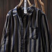 Buddha Stones Fall Vertical Stripes Button Down Stand Collar Long Sleeve Women's Cotton Shirt - image 28