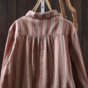 Buddha Stones Fall Vertical Stripes Button Down Stand Collar Long Sleeve Women's Cotton Shirt - image 18