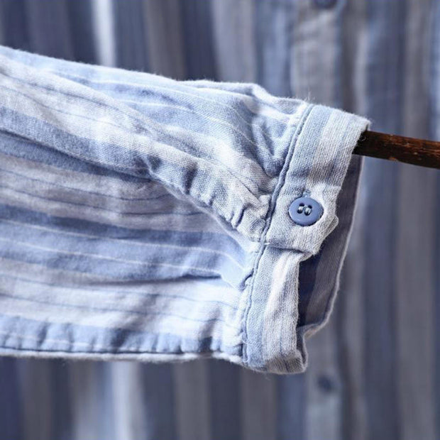 Buddha Stones Fall Vertical Stripes Button Down Stand Collar Long Sleeve Women's Cotton Shirt - image 9