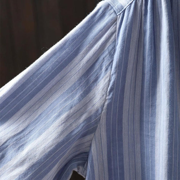 Buddha Stones Fall Vertical Stripes Button Down Stand Collar Long Sleeve Women's Cotton Shirt - image 10