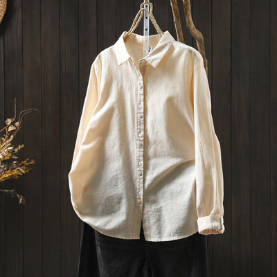 Buddha Stones Fall Solid Color Button Down Stand Collar Long Sleeve Women's Cotton Shirt - Beige - US6，UK/AU10，EU38 (L) - image 0