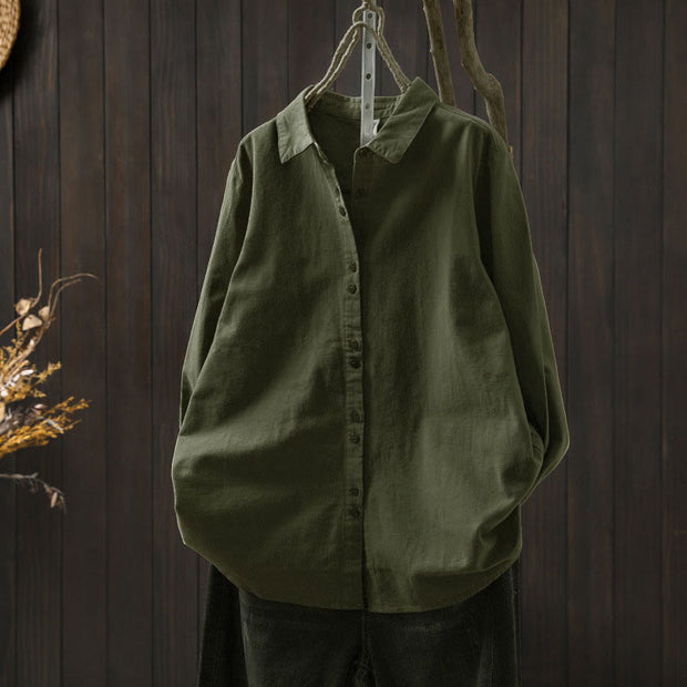 Buddha Stones Fall Solid Color Button Down Stand Collar Long Sleeve Women's Cotton Shirt - Green - US6，UK/AU10，EU38 (L) - image 22