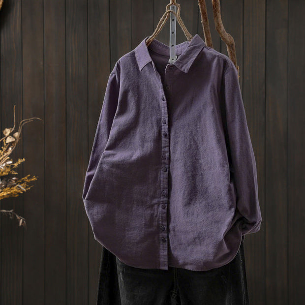 Buddha Stones Fall Solid Color Button Down Stand Collar Long Sleeve Women's Cotton Shirt - Purple - US6，UK/AU10，EU38 (L) - image 28