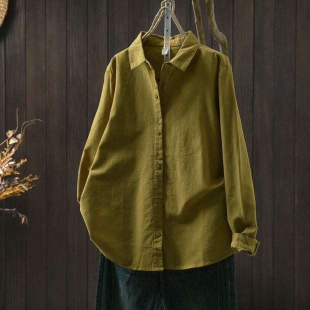Buddha Stones Fall Solid Color Button Down Stand Collar Long Sleeve Women's Cotton Shirt - YellowGreen - US6，UK/AU10，EU38 (L) - image 20