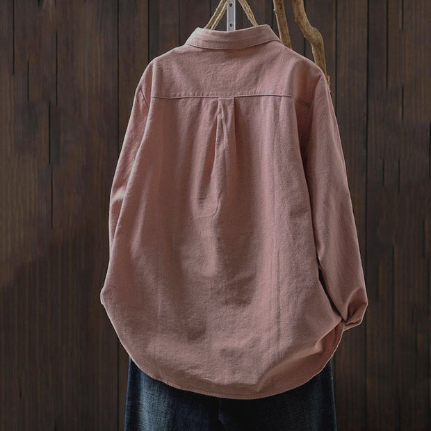 Buddha Stones Fall Solid Color Button Down Stand Collar Long Sleeve Women's Cotton Shirt - image 4