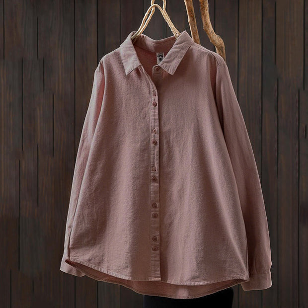 Buddha Stones Fall Solid Color Button Down Stand Collar Long Sleeve Women's Cotton Shirt - image 3