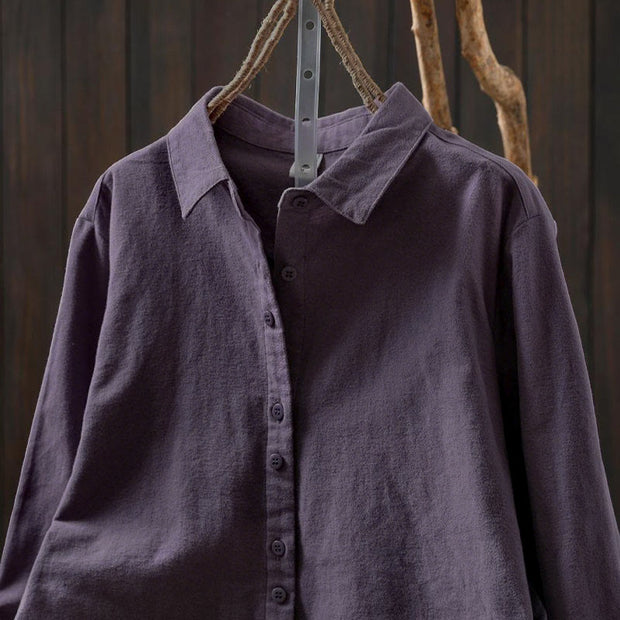Buddha Stones Fall Solid Color Button Down Stand Collar Long Sleeve Women's Cotton Shirt - image 29