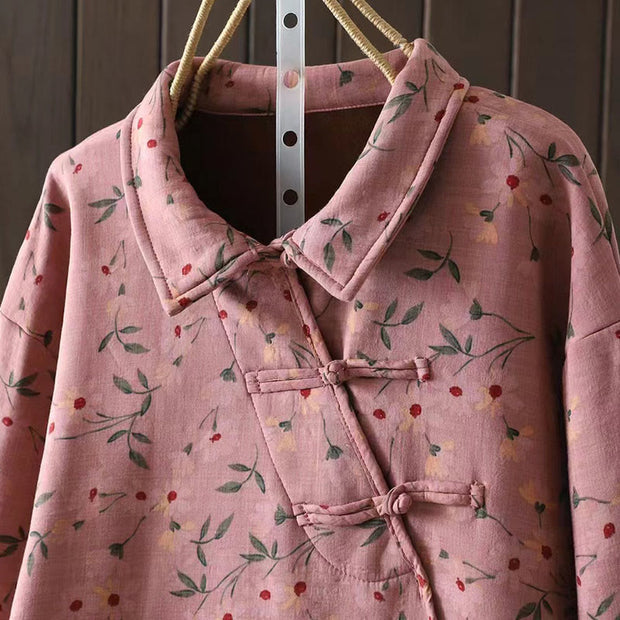 Buddha Stones Winter Flower Green Leaves Frog-Button Stand Collar Long Sleeve Women's Cotton Shirt - image 5