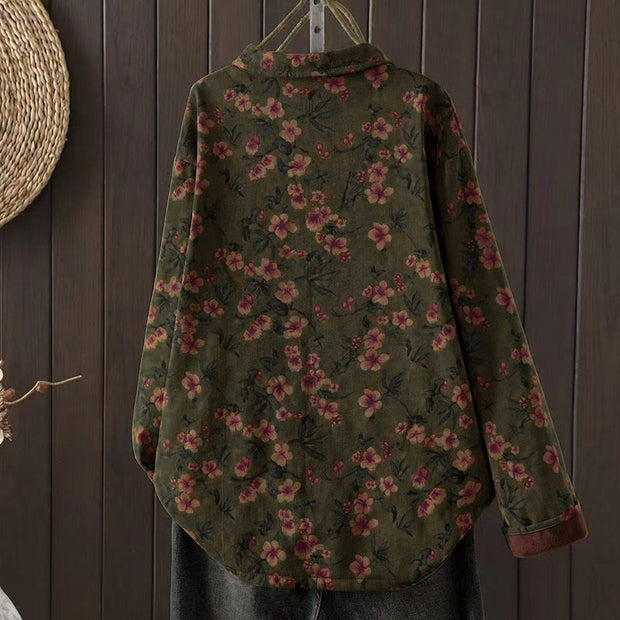 Buddha Stones Winter Flower Green Leaves Frog-Button Stand Collar Long Sleeve Women's Cotton Shirt - image 1
