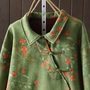 Buddha Stones Winter Flower Green Leaves Frog-Button Stand Collar Long Sleeve Women's Cotton Shirt - image 10