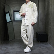 Buddha Stones 2Pcs Spring Dragon Bamboo Clouds Men's Tang Suit Frog-Button Cotton Long Sleeve Jacket Pants Set With Pockets - Linen - US/UK/AU46，EU56 (5XL) - image 0