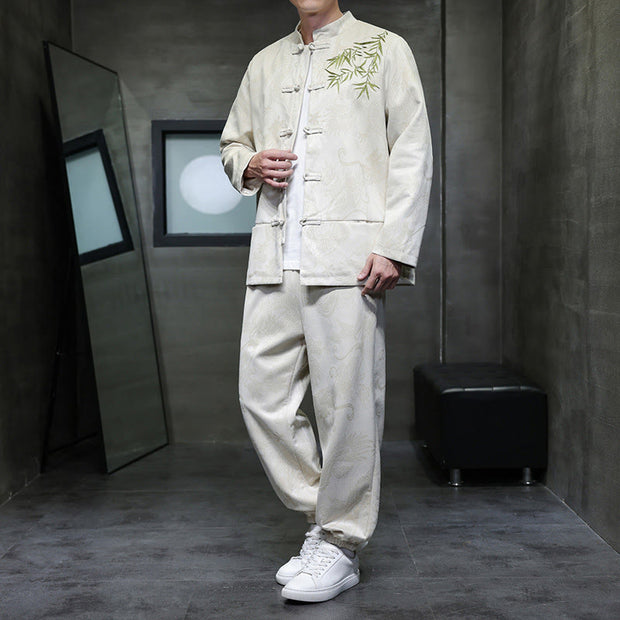 Buddha Stones 2Pcs Spring Dragon Bamboo Clouds Men's Tang Suit Frog-Button Cotton Long Sleeve Jacket Pants Set With Pockets - Linen - US/UK/AU46，EU56 (5XL) - image 0