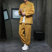 Buddha Stones 2Pcs Spring Dragon Bamboo Clouds Men's Tang Suit Frog-Button Cotton Long Sleeve Jacket Pants Set With Pockets - Gold - US/UK/AU46，EU56 (5XL) - image 8