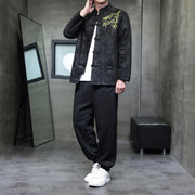 Buddha Stones 2Pcs Spring Dragon Bamboo Clouds Men's Tang Suit Frog-Button Cotton Long Sleeve Jacket Pants Set With Pockets - Black - US/UK/AU46，EU56 (5XL) - image 21