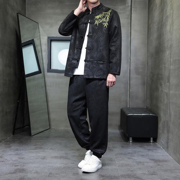 Buddha Stones 2Pcs Spring Dragon Bamboo Clouds Men's Tang Suit Frog-Button Cotton Long Sleeve Jacket Pants Set With Pockets - Black - US/UK/AU46，EU56 (5XL) - image 21