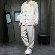 Buddha Stones 2Pcs Spring Dragon Bamboo Clouds Men's Tang Suit Frog-Button Cotton Long Sleeve Jacket Pants Set With Pockets - image 5