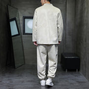 Buddha Stones 2Pcs Spring Dragon Bamboo Clouds Men's Tang Suit Frog-Button Cotton Long Sleeve Jacket Pants Set With Pockets - image 3