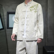 Buddha Stones 2Pcs Spring Dragon Bamboo Clouds Men's Tang Suit Frog-Button Cotton Long Sleeve Jacket Pants Set With Pockets - image 6