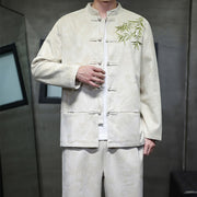 Buddha Stones 2Pcs Spring Dragon Bamboo Clouds Men's Tang Suit Frog-Button Cotton Long Sleeve Jacket Pants Set With Pockets - image 7