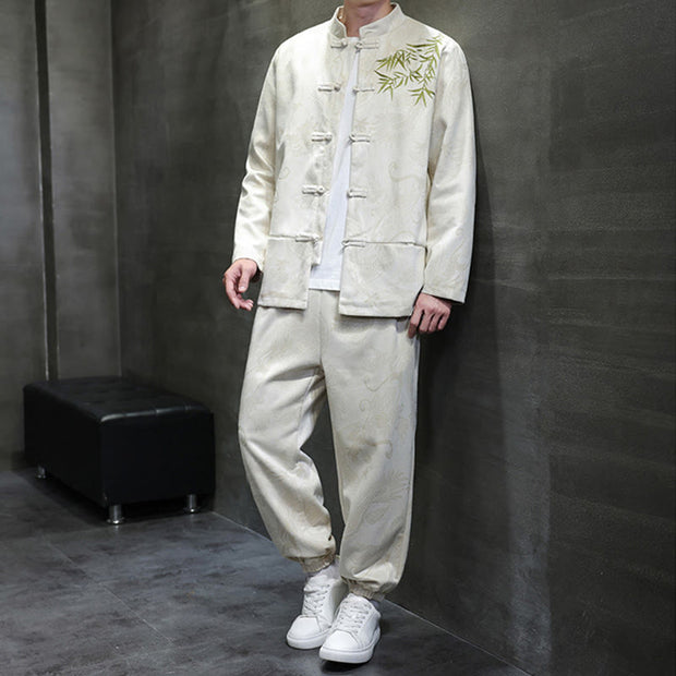 Buddha Stones 2Pcs Spring Dragon Bamboo Clouds Men's Tang Suit Frog-Button Cotton Long Sleeve Jacket Pants Set With Pockets - image 1