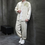 Buddha Stones 2Pcs Spring Dragon Bamboo Clouds Men's Tang Suit Frog-Button Cotton Long Sleeve Jacket Pants Set With Pockets - image 2