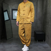 Buddha Stones 2Pcs Spring Dragon Bamboo Clouds Men's Tang Suit Frog-Button Cotton Long Sleeve Jacket Pants Set With Pockets - image 10