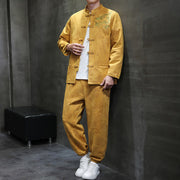 Buddha Stones 2Pcs Spring Dragon Bamboo Clouds Men's Tang Suit Frog-Button Cotton Long Sleeve Jacket Pants Set With Pockets - image 13