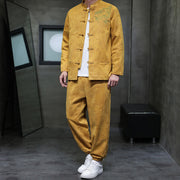 Buddha Stones 2Pcs Spring Dragon Bamboo Clouds Men's Tang Suit Frog-Button Cotton Long Sleeve Jacket Pants Set With Pockets - image 15