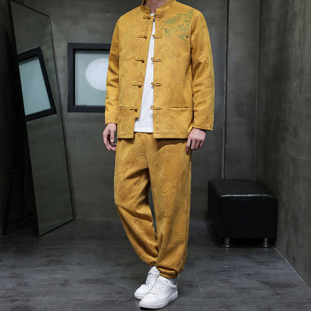 Buddha Stones 2Pcs Spring Dragon Bamboo Clouds Men's Tang Suit Frog-Button Cotton Long Sleeve Jacket Pants Set With Pockets - image 15