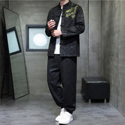 Buddha Stones 2Pcs Spring Dragon Bamboo Clouds Men's Tang Suit Frog-Button Cotton Long Sleeve Jacket Pants Set With Pockets - image 27