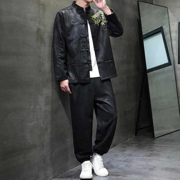 Buddha Stones 2Pcs Spring Dragon Bamboo Clouds Men's Tang Suit Frog-Button Cotton Long Sleeve Jacket Pants Set With Pockets - image 22