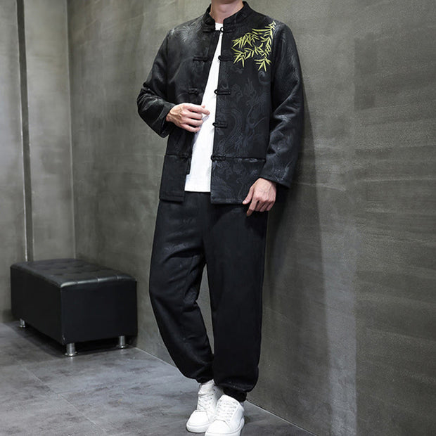 Buddha Stones 2Pcs Spring Dragon Bamboo Clouds Men's Tang Suit Frog-Button Cotton Long Sleeve Jacket Pants Set With Pockets - image 25