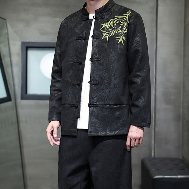 Buddha Stones 2Pcs Spring Dragon Bamboo Clouds Men's Tang Suit Frog-Button Cotton Long Sleeve Jacket Pants Set With Pockets - image 29