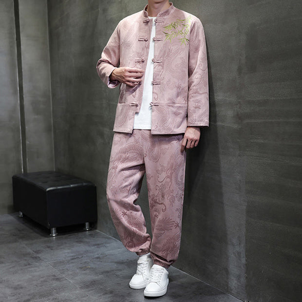 Buddha Stones 2Pcs Spring Dragon Bamboo Clouds Men's Tang Suit Frog-Button Cotton Long Sleeve Jacket Pants Set With Pockets - image 35