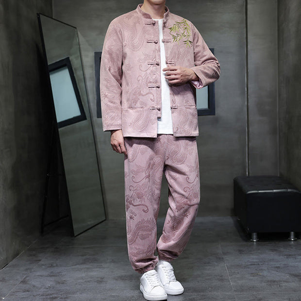 Buddha Stones 2Pcs Spring Dragon Bamboo Clouds Men's Tang Suit Frog-Button Cotton Long Sleeve Jacket Pants Set With Pockets - image 31