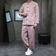 Buddha Stones 2Pcs Spring Dragon Bamboo Clouds Men's Tang Suit Frog-Button Cotton Long Sleeve Jacket Pants Set With Pockets - image 37