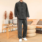 Buddha Stones 2Pcs Winter Thick Men's Tang Suit Frog-Button Cotton Corduroy Long Sleeve Jacket Pants Set With Pockets - Gray - US/UK/AU46，EU56 (5XL) - image 8