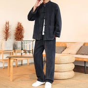 Buddha Stones 2Pcs Winter Thick Men's Tang Suit Frog-Button Cotton Corduroy Long Sleeve Jacket Pants Set With Pockets - image 3